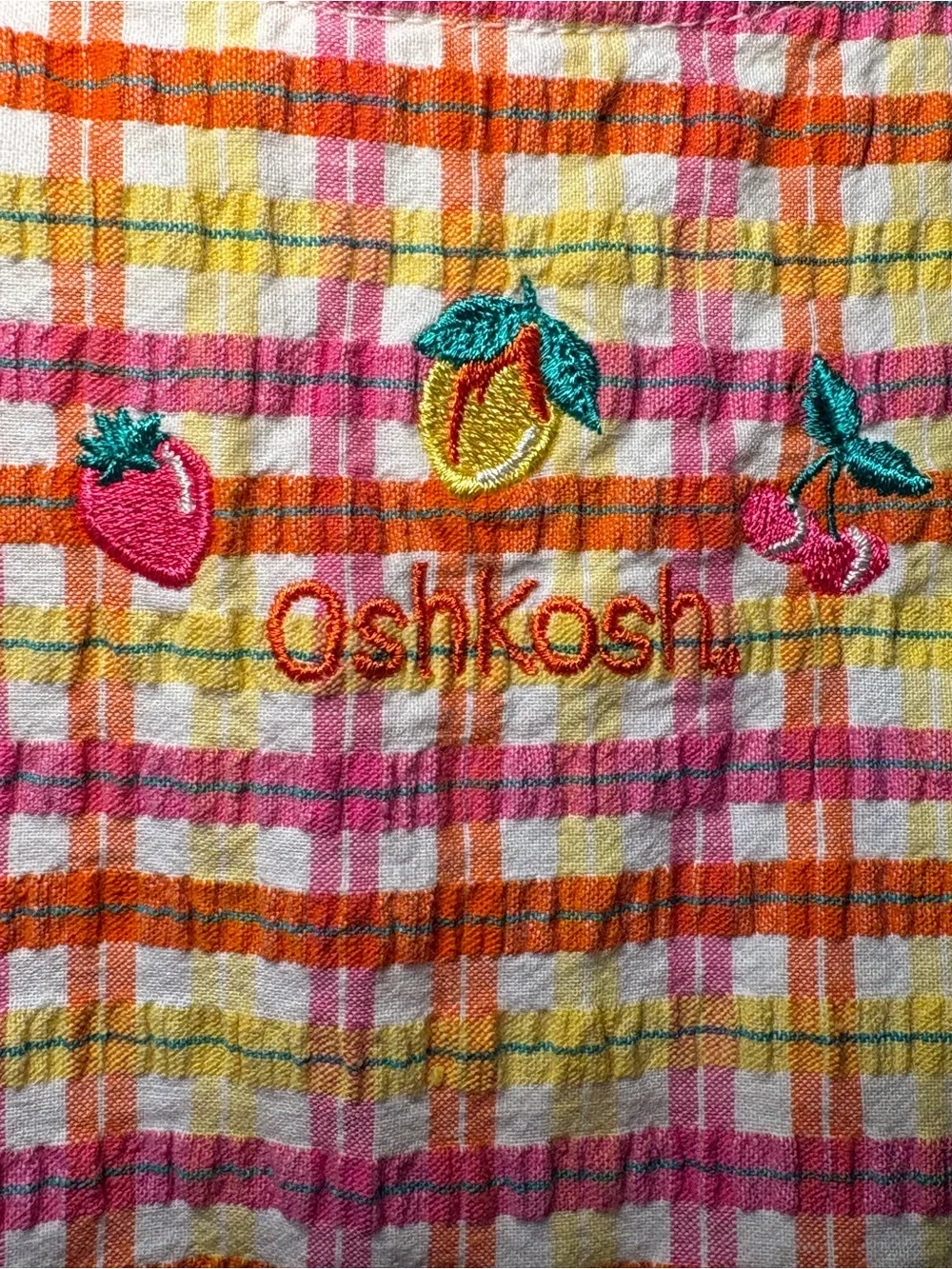 VTG OshKosh Dress Girls 4t Plaid Fruit Seersucker Pinafore Jumper  1990s
